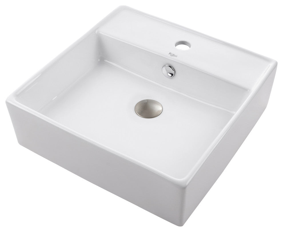 Elavo Ceramic Square Vessel White Sink, Overflow Drain Satin Nickel