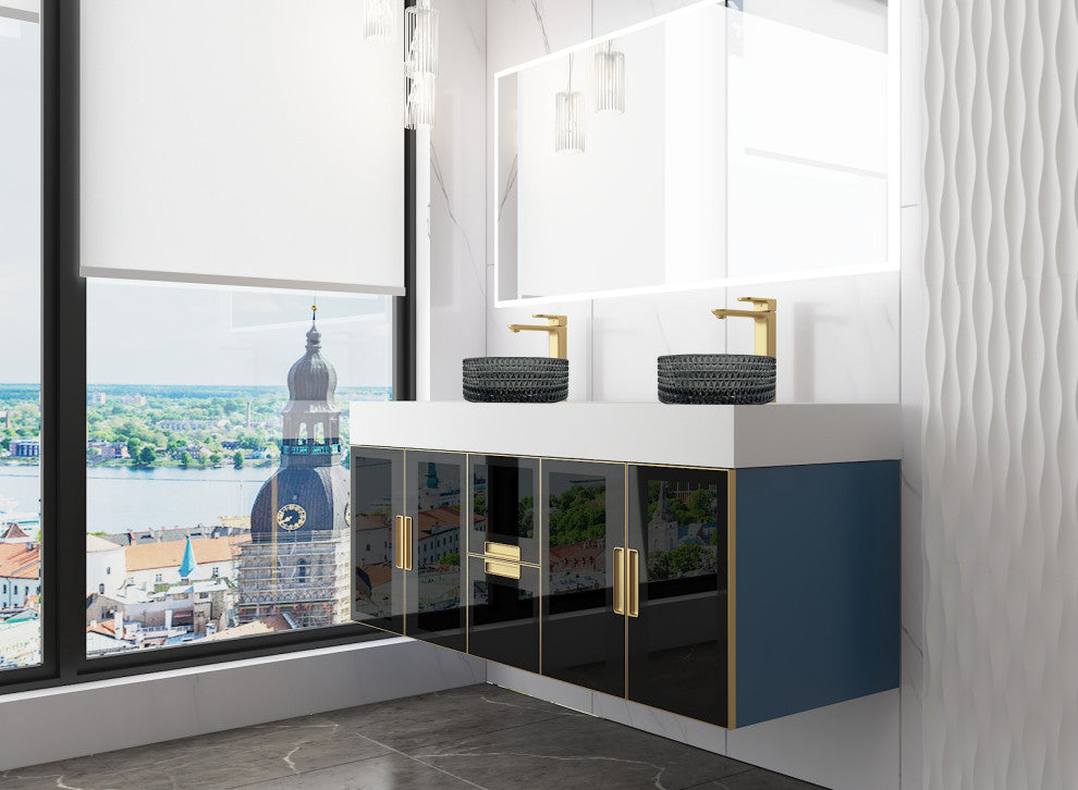 Modern Wall-Mount Vanity With Top & 16" Sink, Black, 60"