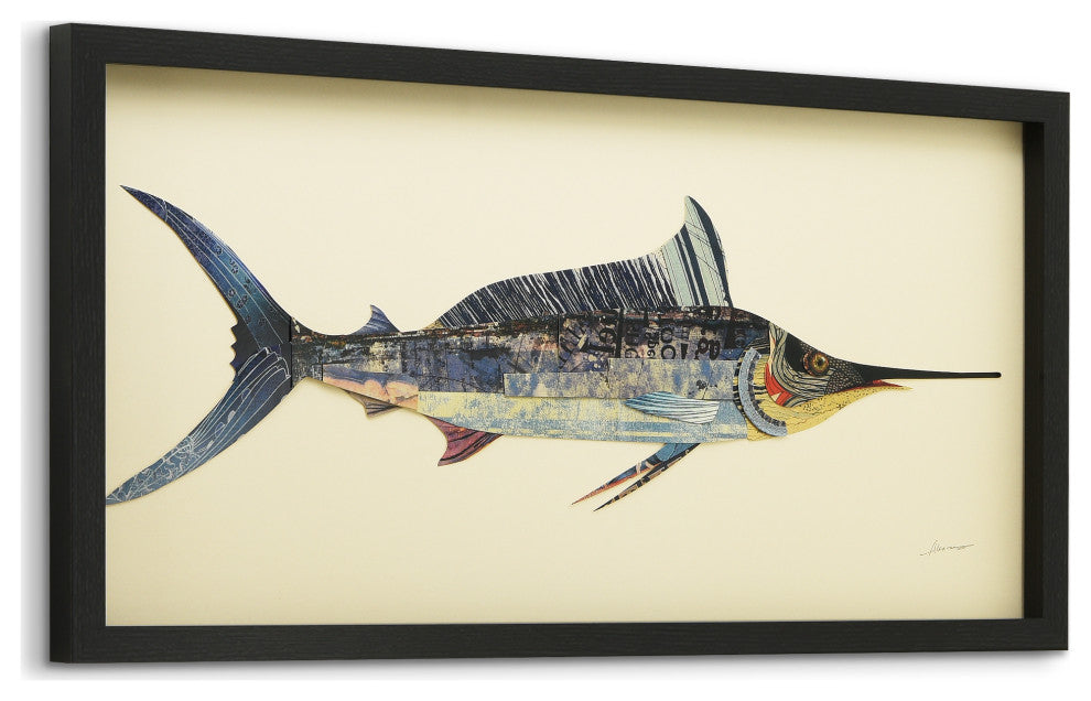Blue Marlin Handmade Collage Framed Graphic Wall Art Under Glass 33x17