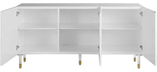 Elegant Sideboard, Geometric Accented Doors & Acrylic Legs With Gold Tips, White