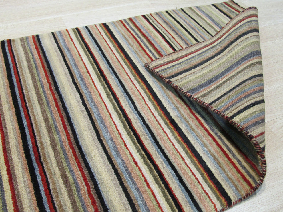 Black/Red Striped Handmade Wool Rug, 2'x10'
