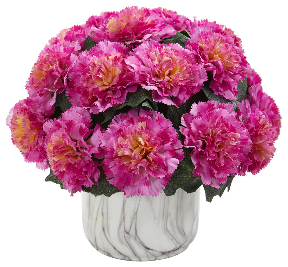 Nearly Natural Carnation Artificial Arrangement Marble Finished Vase Dark Pink