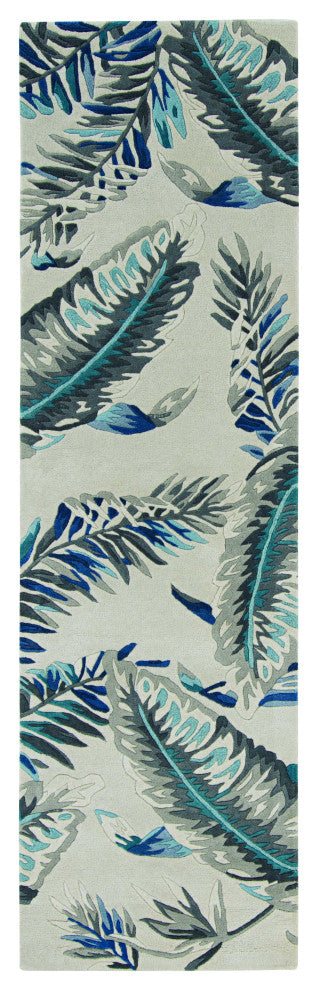 3' X 5' Grey Or Blue Tropical Leaves Wool Area Rug