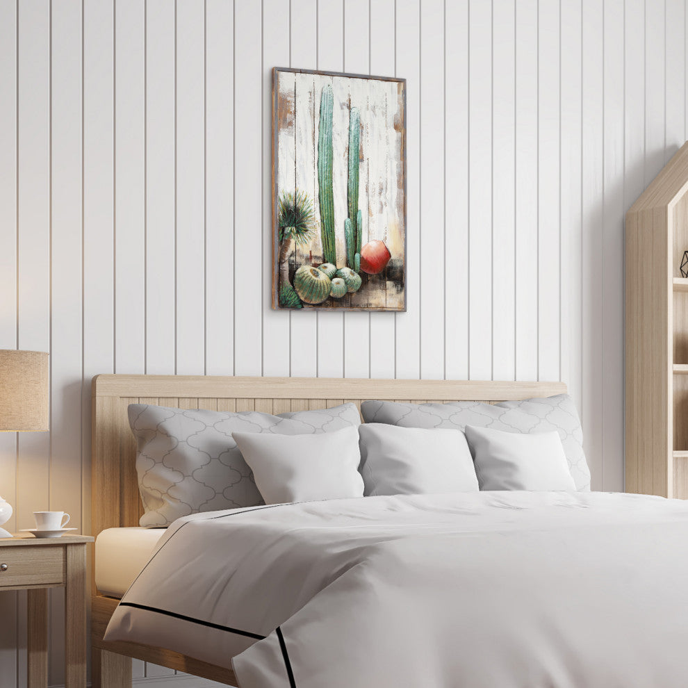 "Cacti" Metal Wall Art Hand Painted on Rugged Wooden Blocks Wall Sculpture