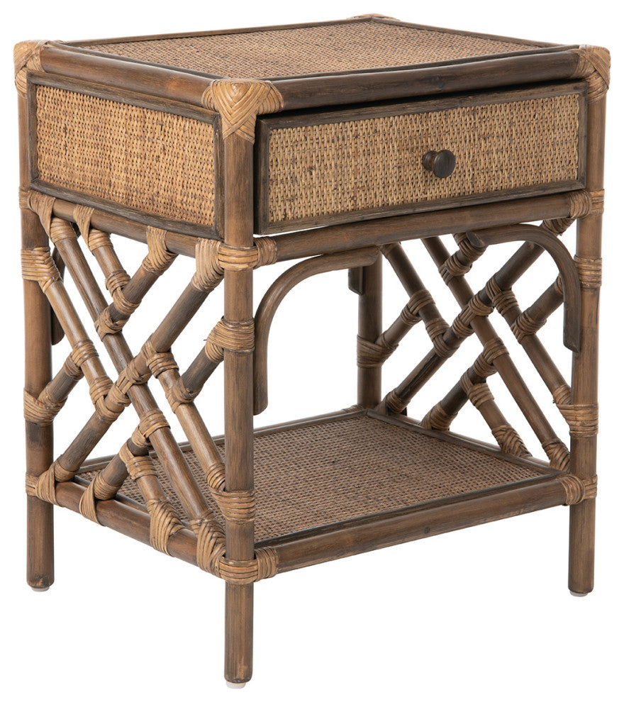 Rattan Chippendale Bedside Table, Natural, Antique Brown