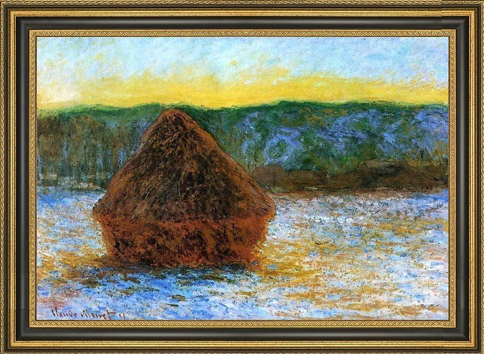 Claude Oscar Monet Grainstack Thaw Sunset Framed Premium Canvas Print, 16"x24"