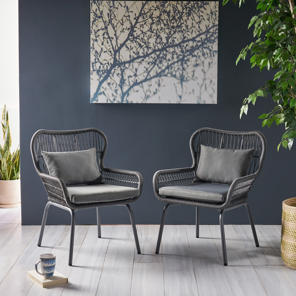 GDF Studio Kimberley Outdoor Steel and Rope Club Chairs With Cushioned, Set of 2, Gray