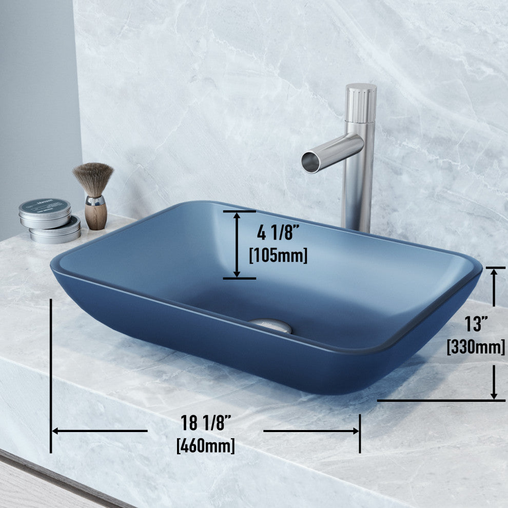 VIGO Sottile 18"L x 13"W x 4"H Glass Rectangular Vessel Bathroom Sink in Blue