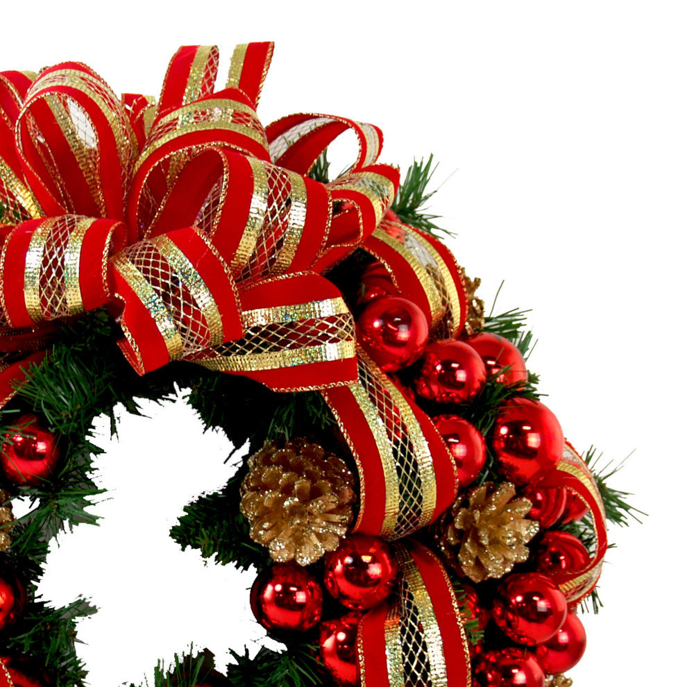 26" Evergreen Wreath with Berries, Pinecones, Ornaments and a Bow, Red
