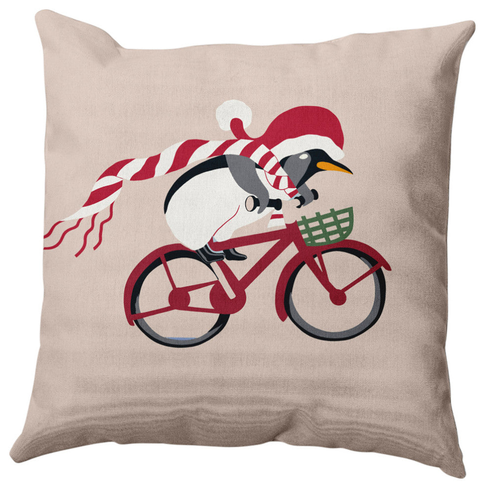 Pedaling Penguin Animal Decorative Throw Pillow, Taupe, 18"x18"