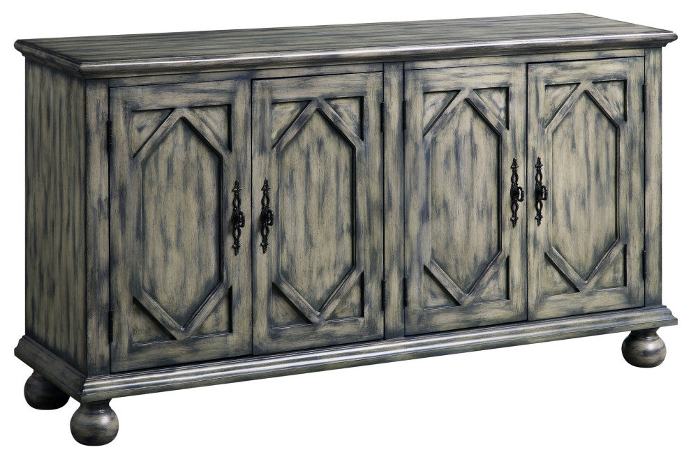 Benzara BM251337 Console Table With 4 Doors and Bun Feet, Rustic Gray