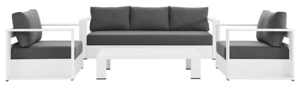 Sectional Sofa Table Set, White Gray, Aluminum, Modern, Outdoor Patio