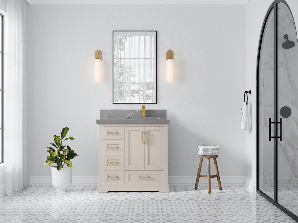 Boston 36" Right Offset Bath Vanity in Fine Grain 2" Piatra Gray
