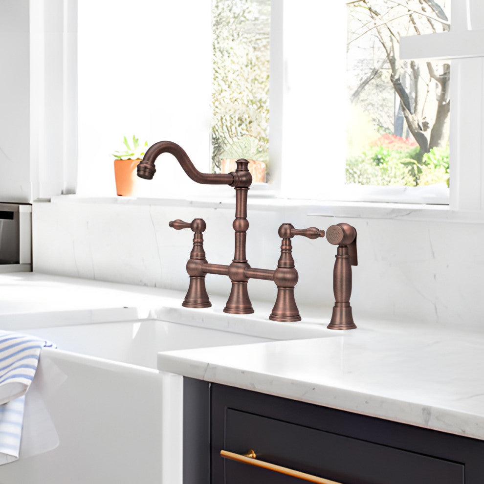 Two-Handles Copper Bridge Kitchen Faucet with Side Sprayer, American Bronze