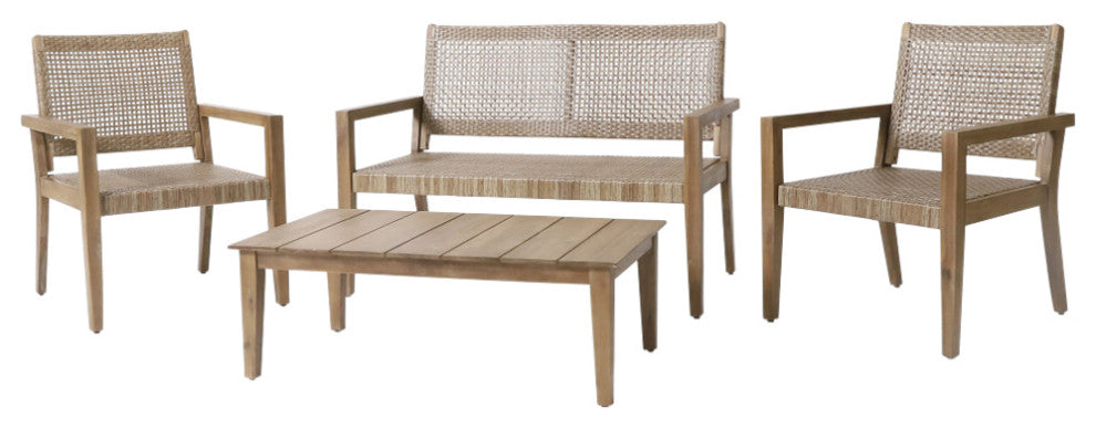Elmcrest Outdoor Wicker and Acacia Wood 4 Seater Chat Set
