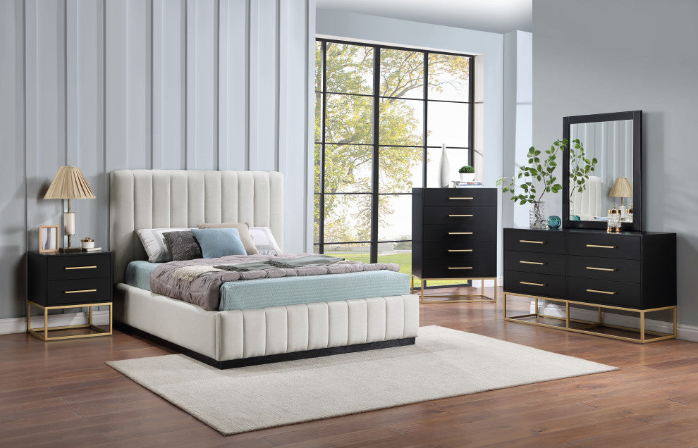Lucia Beige Linen Textured Fabric Full Bed, Beige, Queen, Black Finish