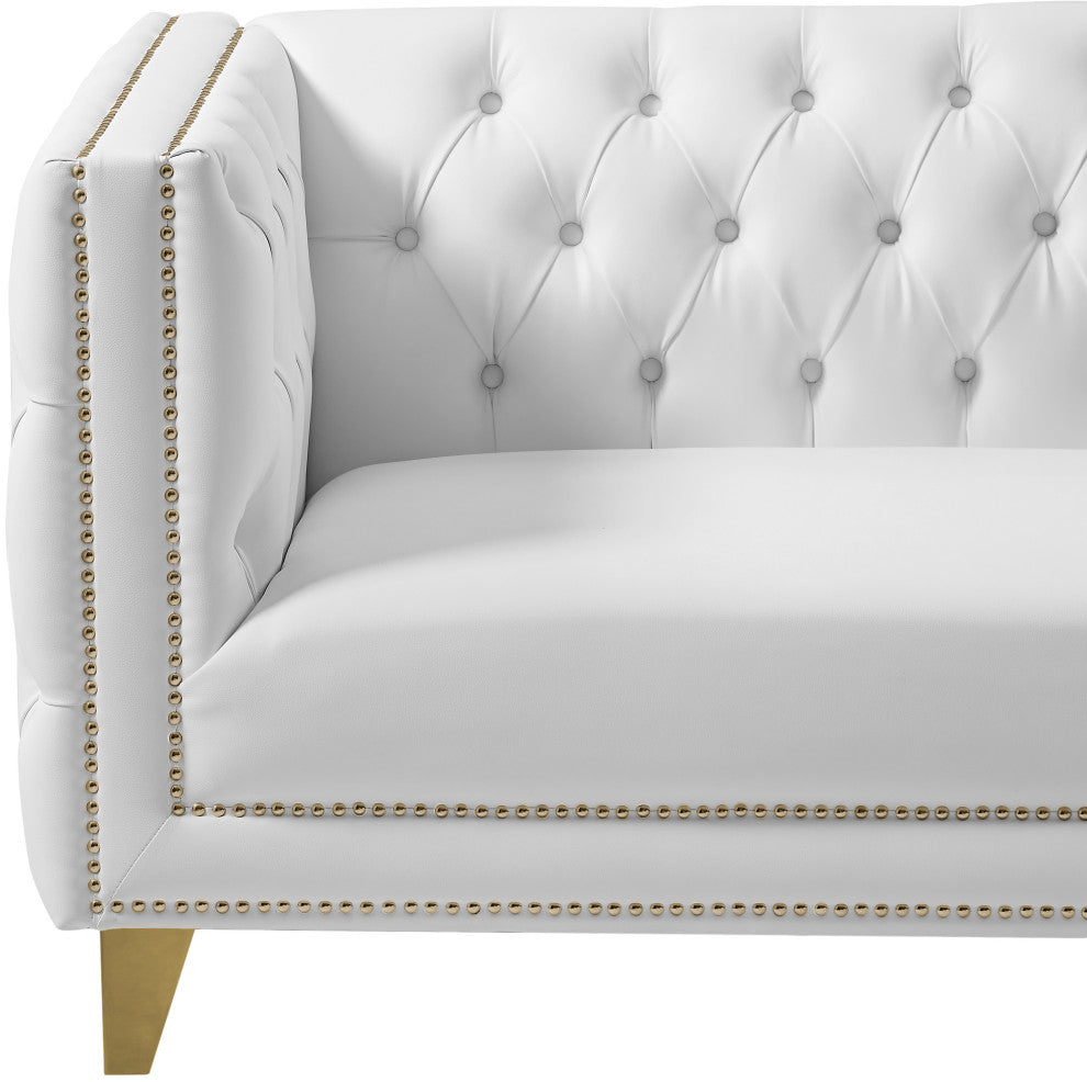 Michelle Fabric Upholstered Chair, Gold Iron Legs, White, Vegan Leather, Loveseat