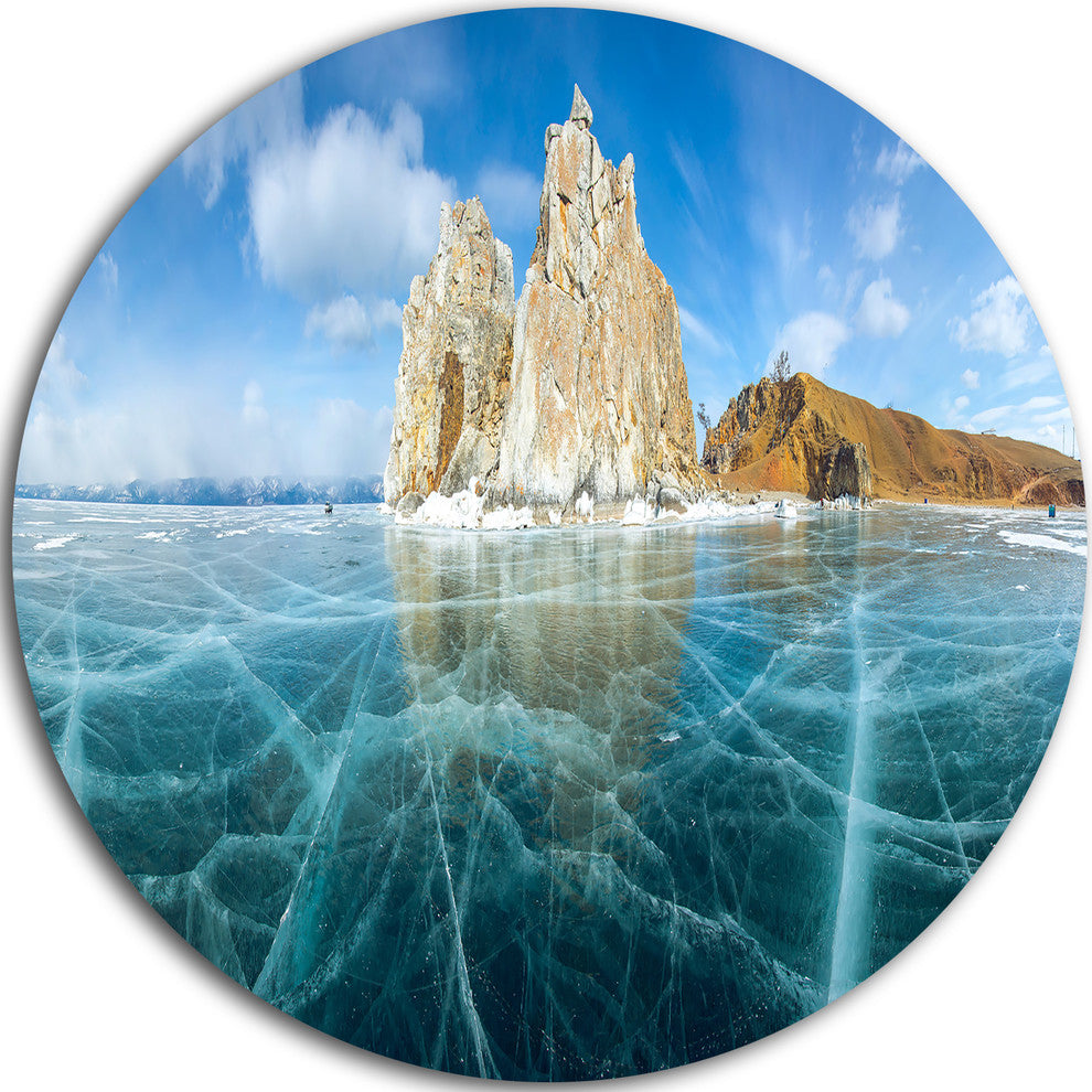 Lake Baikal Ice And Rocks Panorama, Seascape Disc Metal Artwork, 11"