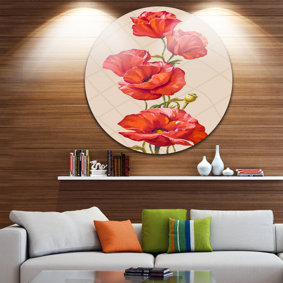 Bunch Of Poppies Vector Art, Floral Round Metal Wall Art, 11"