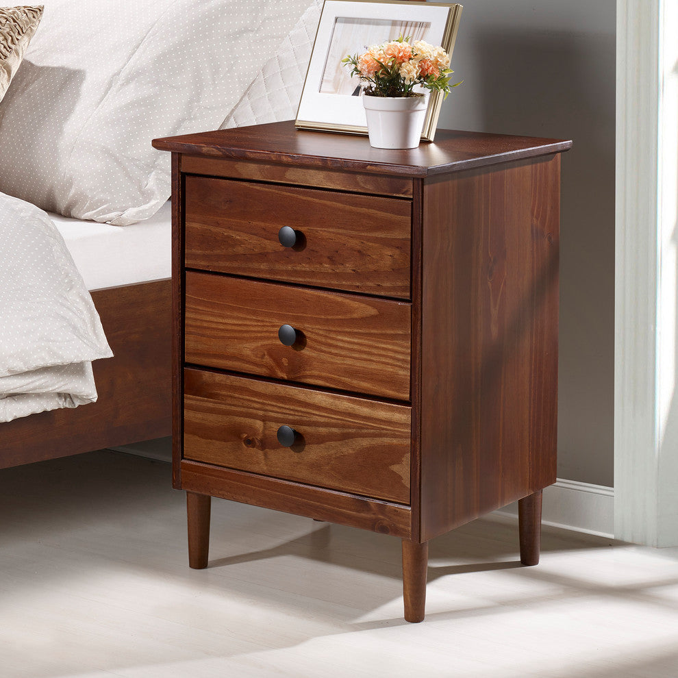 Classic Midcentury Modern 3-Drawer Solid Wood Nightstand, Walnut