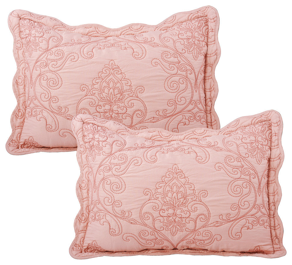 Damask Embroidered Quilted 4 Piece Bed Spread Sets, Dusty Pink, King