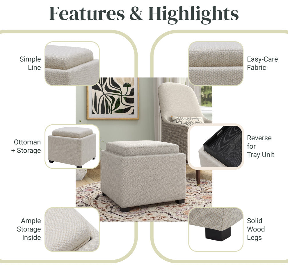 Cameron Square Storage Ottoman w/ tray, Cardiff Cream, Fabric