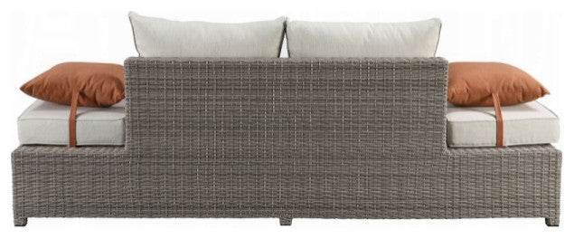 ACME Salena Patio Sofa and Ottoman with 2 Pillows, Beige Fabric and Gray Wicker