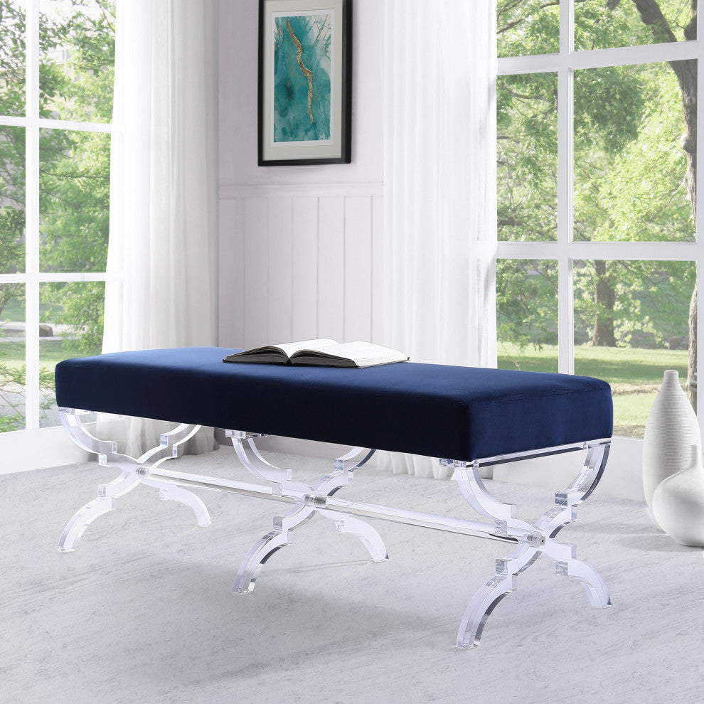Enzo Velvet Acrylic X-Leg Bench, Navy