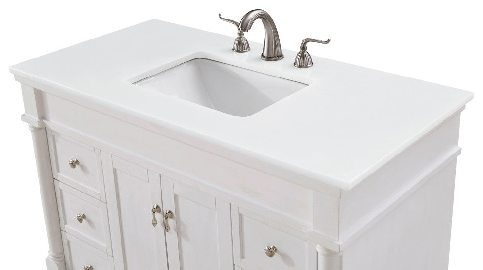 42" Single Bathroom Vanity, Antique White With Ivory White Engineered Marble