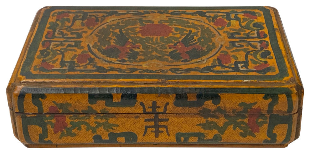 Chinese Distressed Yellow Phoenix Graphic Rectangular Shape Box Hws1993