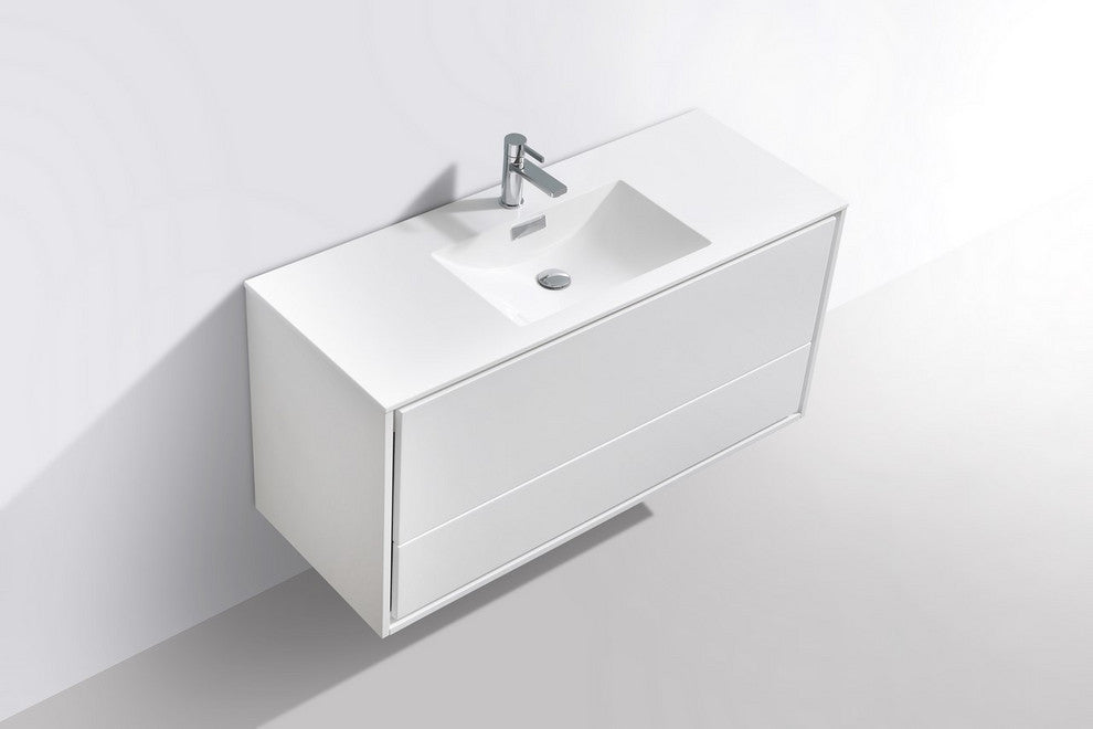 DeLusso 48" Single Sink Wall Mount Bathroom Vanity, Nature Wood, High Gloss Whit