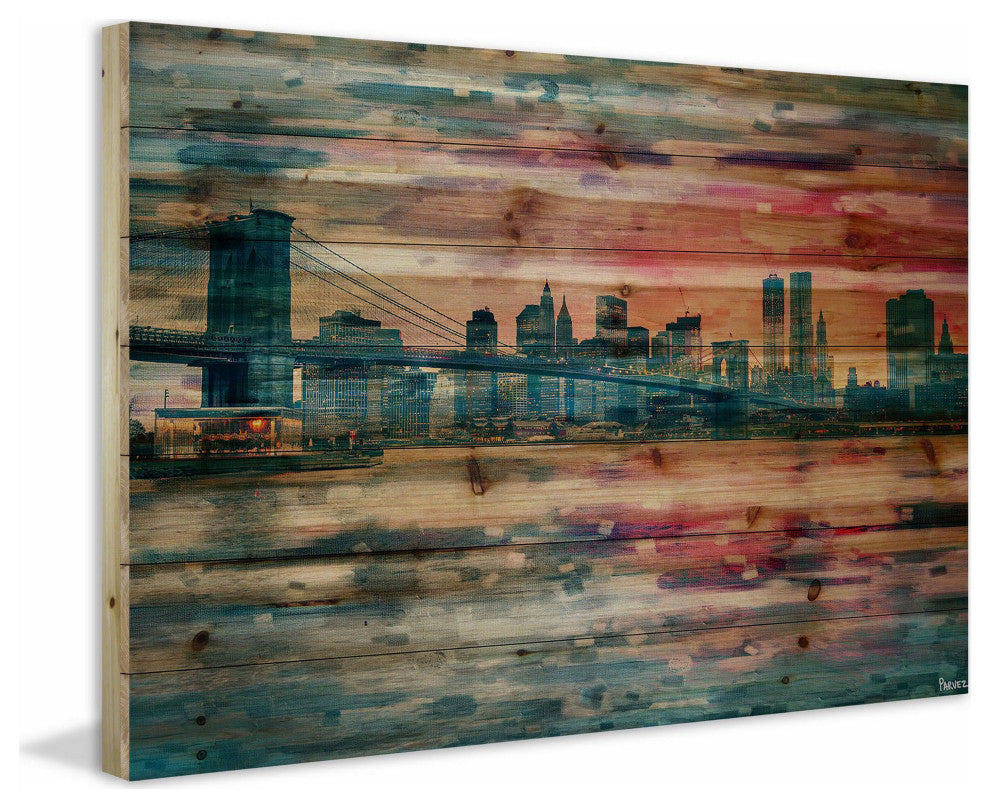"Bridge at Dusk" Print on Natural Pine Wood, 45"x30"