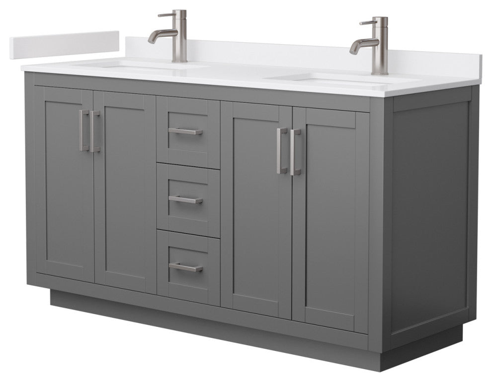 60"DBL Vanity Dark Gray, White Cult. Marble Countertop, Sinks, Nickel Trim