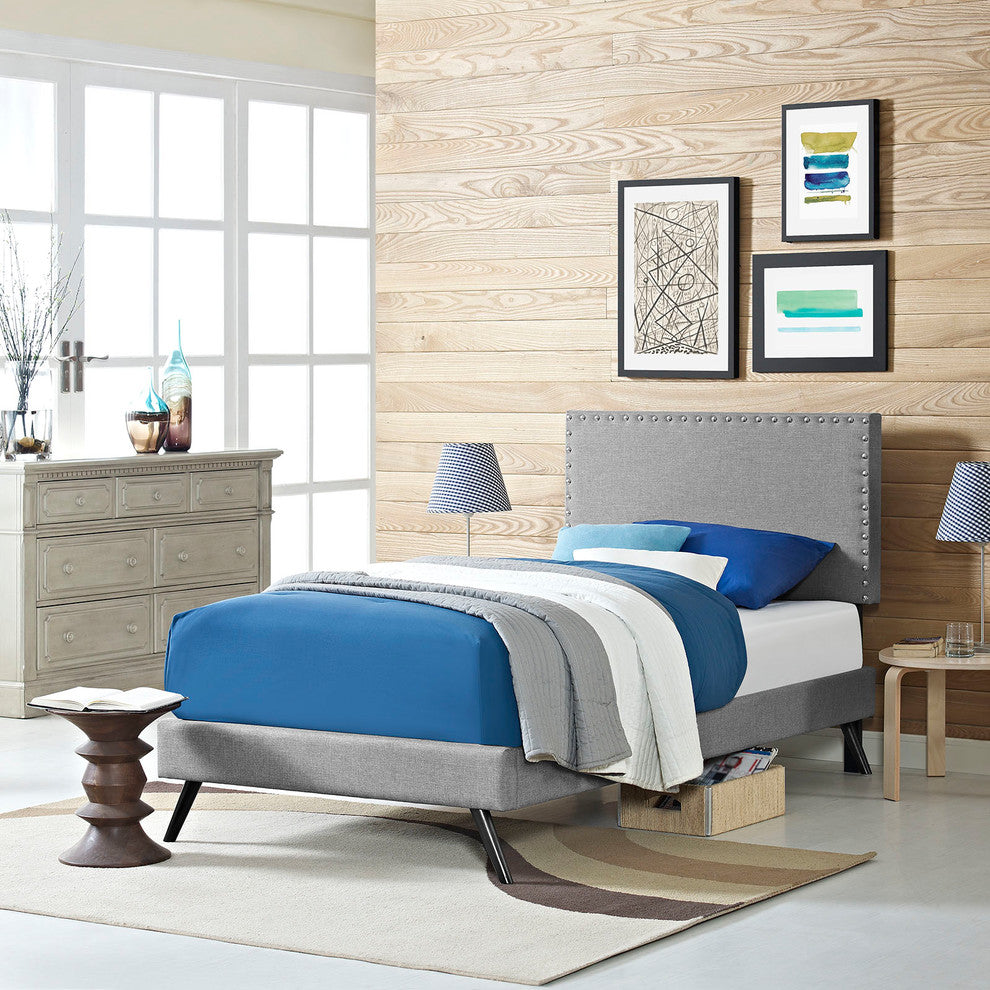 Modway Phoebe Twin Fabric Platform Bed With Round Splayed Legs, Light Gray