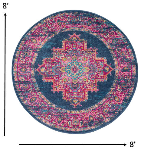 8' Blue Round Power Loom Area Rug