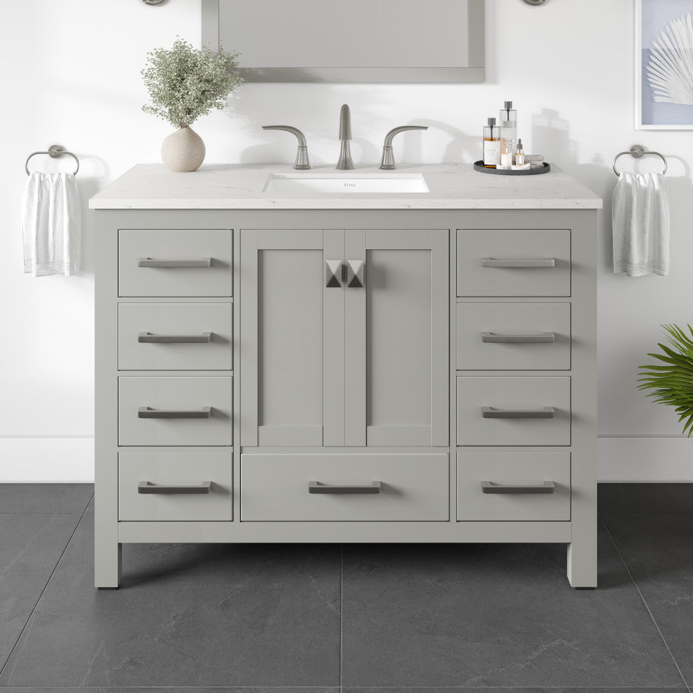 Eviva Aberdeen 42" Transitional Bathroom Vanity With White Carrara Quartz Top, Gray