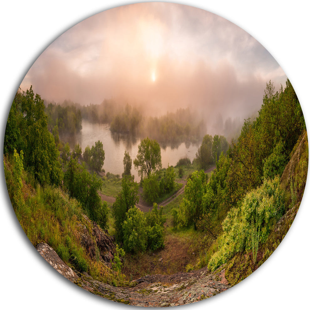Rising Above The River Mist, Landscape Photo Round Wall Art, 11"