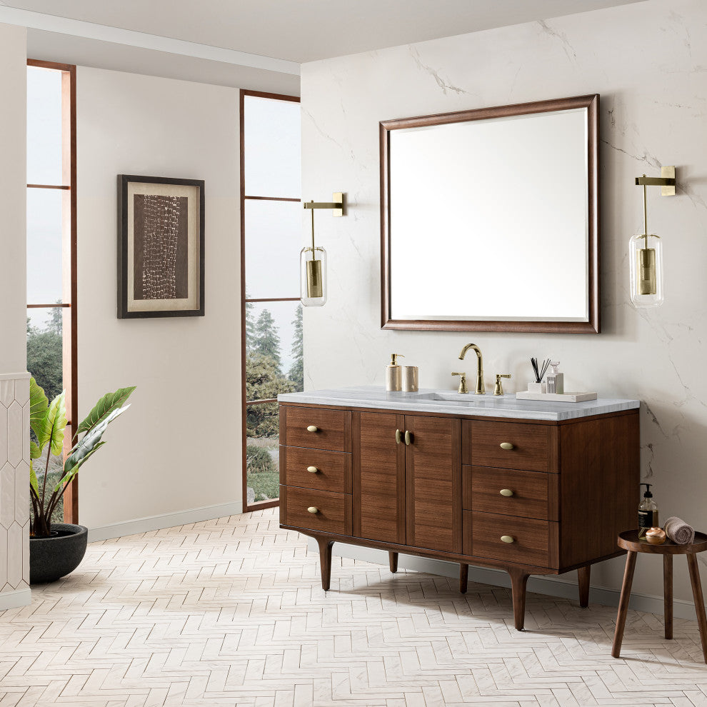 Amberly 60" Single Vanity, Mid-Century Walnut, 3CM Arctic Fall Top