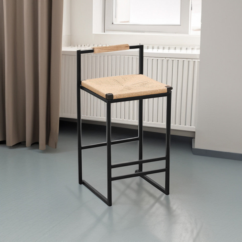16.54" Natural Back Metal Bar Stools With Paper Rope Woven Seat, Set of 2