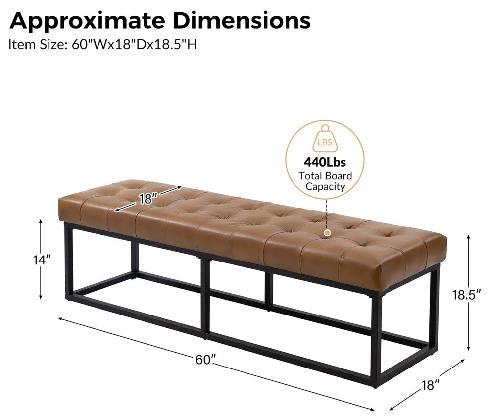 60"W Genuine Leather Bedroom Bench, Camel