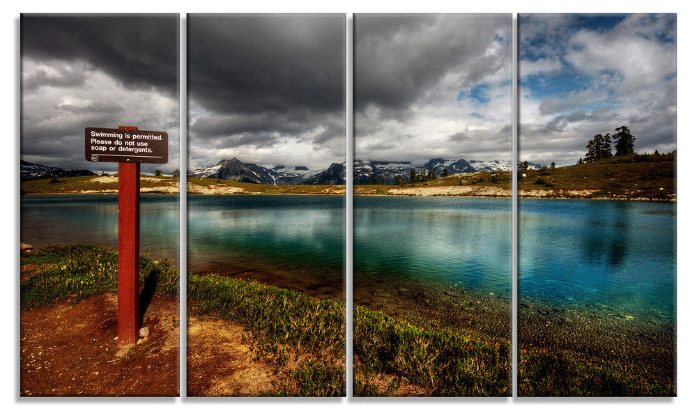 Azure Mountain Lake with Clouds, Landscape Canvas Print, 48"x28", 4 Panels