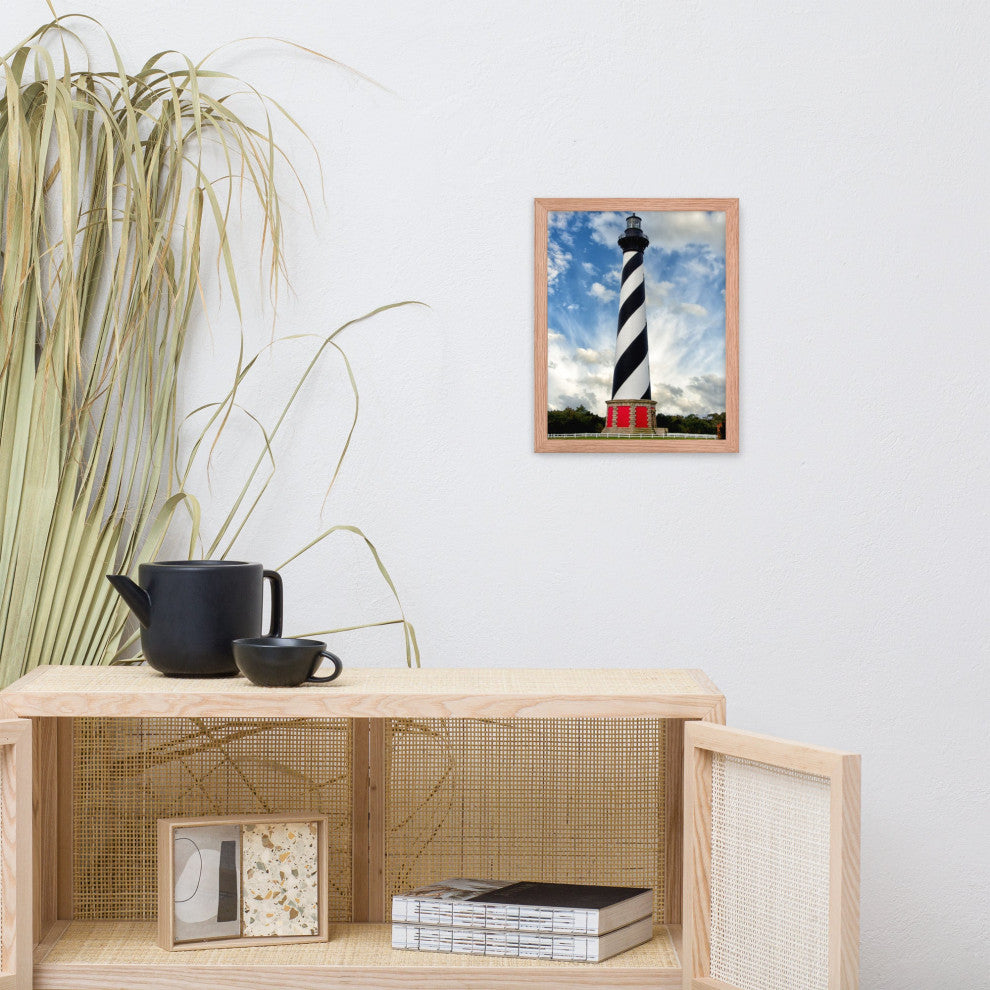 Cape Hatteras Lighthouse Coastal Landscape Framed Photo Paper Wall Art Prints, Red Oak, 11" X 14"