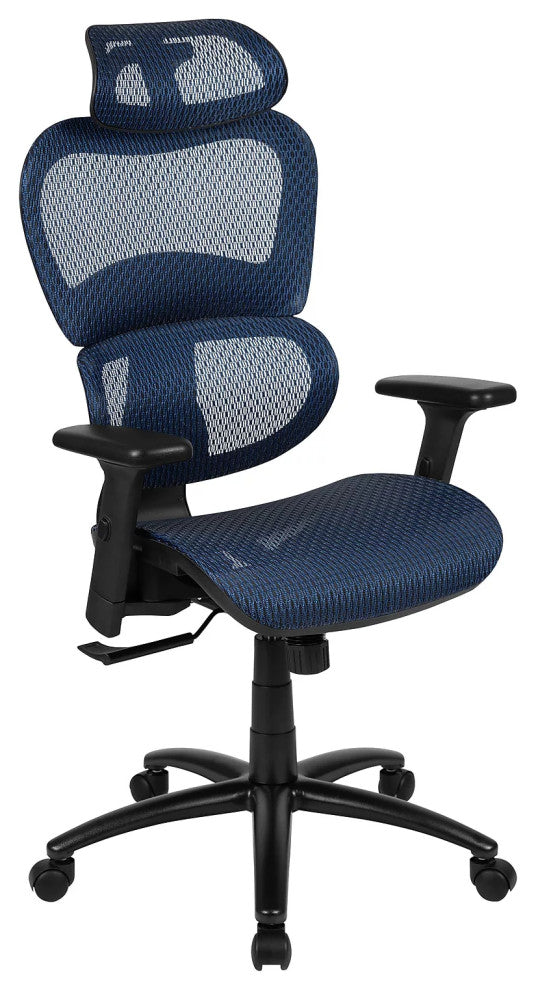 Contemporary Office Chair, Mesh Seat & Back With Adjustable Headrest, Blue