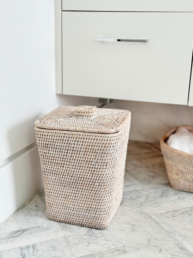 Rattan Square Waste Basket, Lid, Plastic Insert, White-Wash