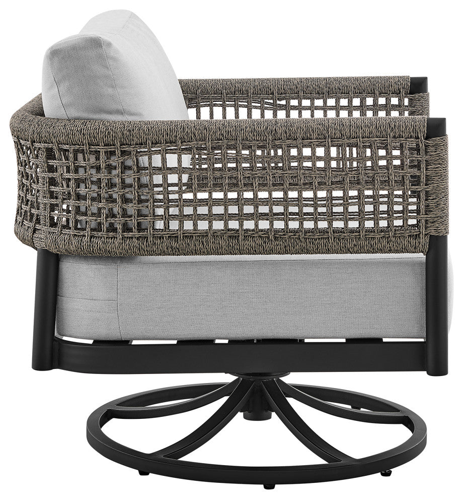 Felicia Outdoor Patio Swivel Rocking Chair in Black Aluminum and Grey Rope...