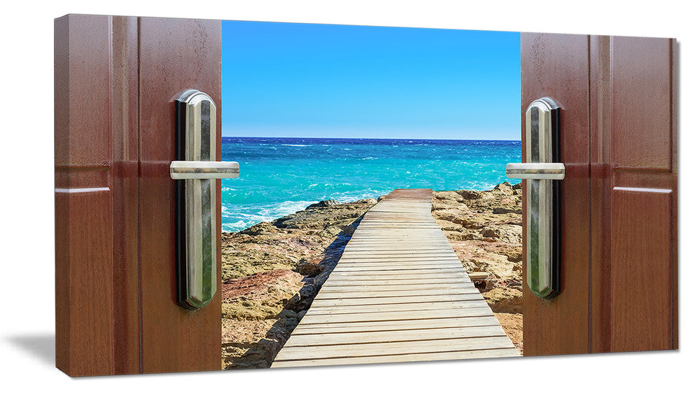 "Door Open To Wooden Ocean Pier" Wooden Sea Bridge Wall Art, 1 Panel, 60"x28"