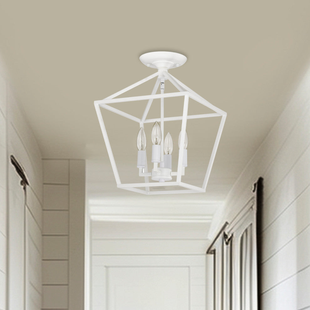 12 in. 4-Light Farmhouse White Semi- Flush Mount Ceiling Light With Caged Shade