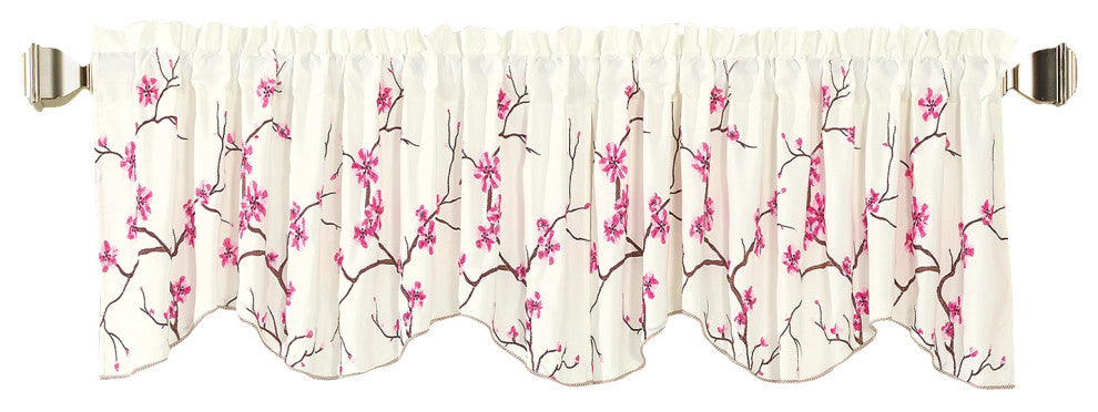 Cherry Blossom Embroidery Window Curtain Valance, Pink, 19" X 60"