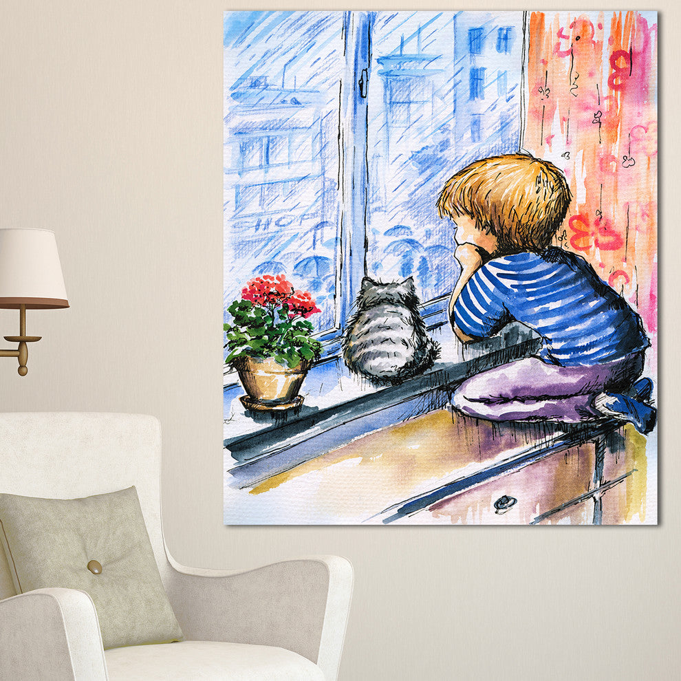 Little Boy and Cat Watching City, Modern Portrait Canvas Art, 30"x40"