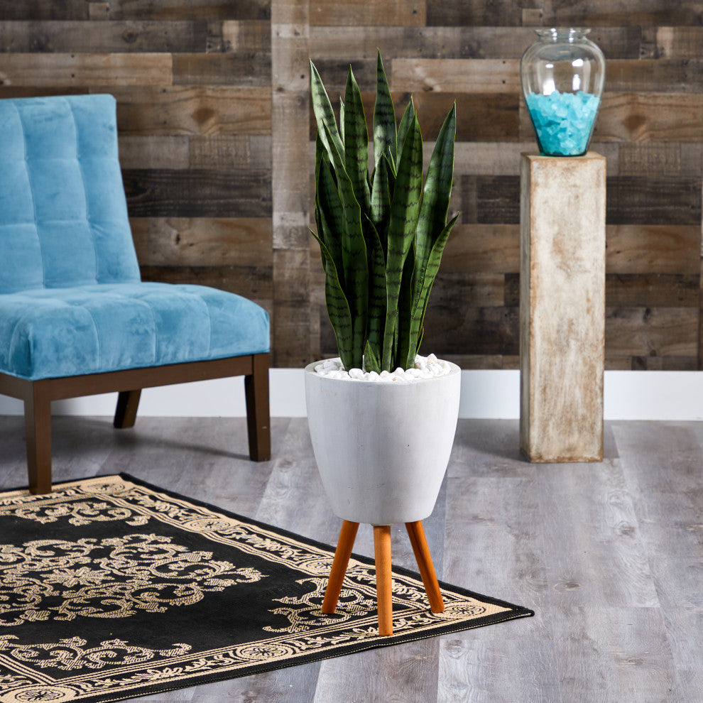4' Sansevieria Artificial Plant, White Planter With Stand
